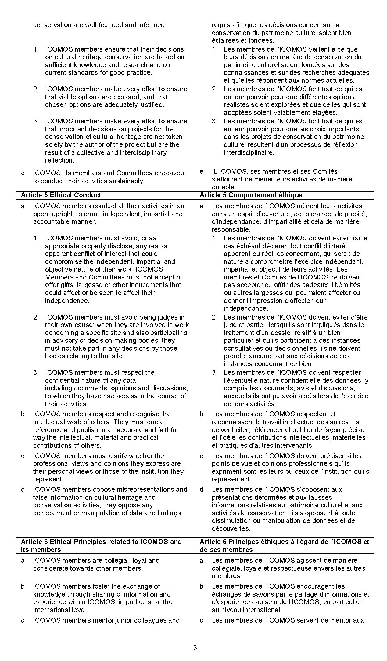 Third page of the Ethical Principles of ICOMOS as adopted and amended in 2020.